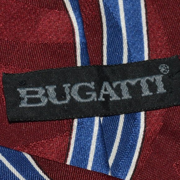 Vintage Bugatti 100% Silk Necktie - Burgundy with Blue/Green/White Geometric - Picture 7 of 8